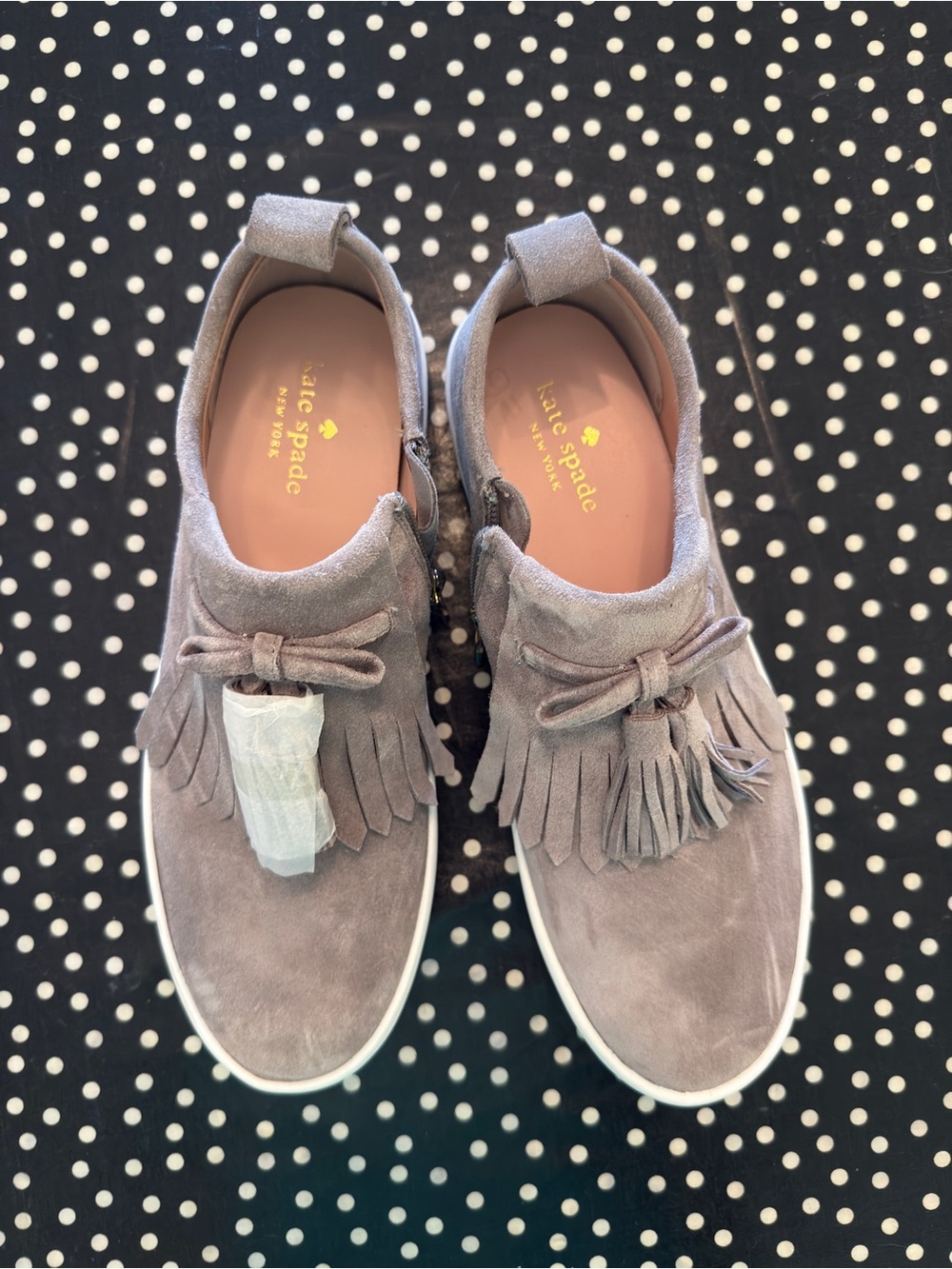 Kate Spade Lena gray suede tassel zip side sneakers